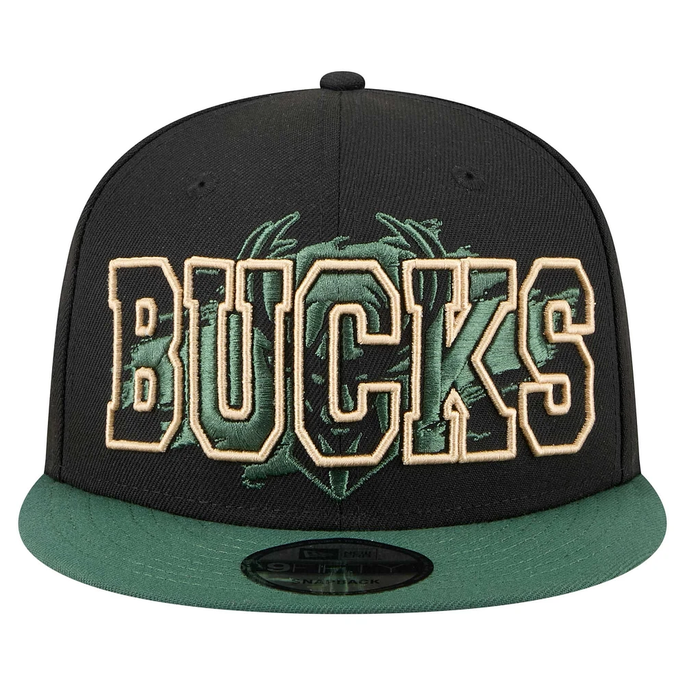 Men's New Era Black/Hunter Green Milwaukee Bucks Sport Night Splatter Two-Tone Snapback 9FIFTY Snapback Hat