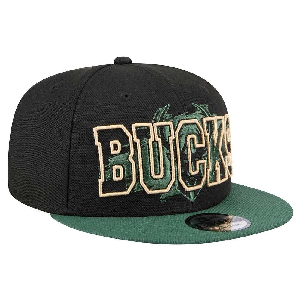 Men's New Era Black/Hunter Green Milwaukee Bucks Sport Night Splatter Two-Tone Snapback 9FIFTY Snapback Hat