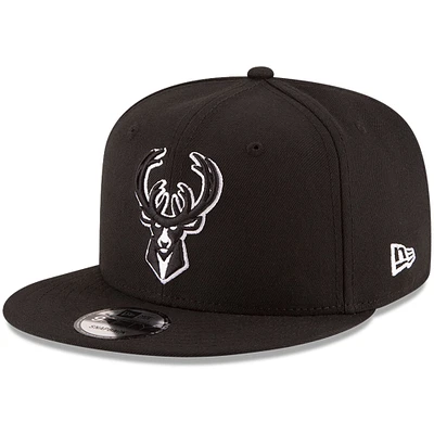 Men's New Era Black Milwaukee Bucks Black & White Logo 9FIFTY Adjustable Snapback Hat