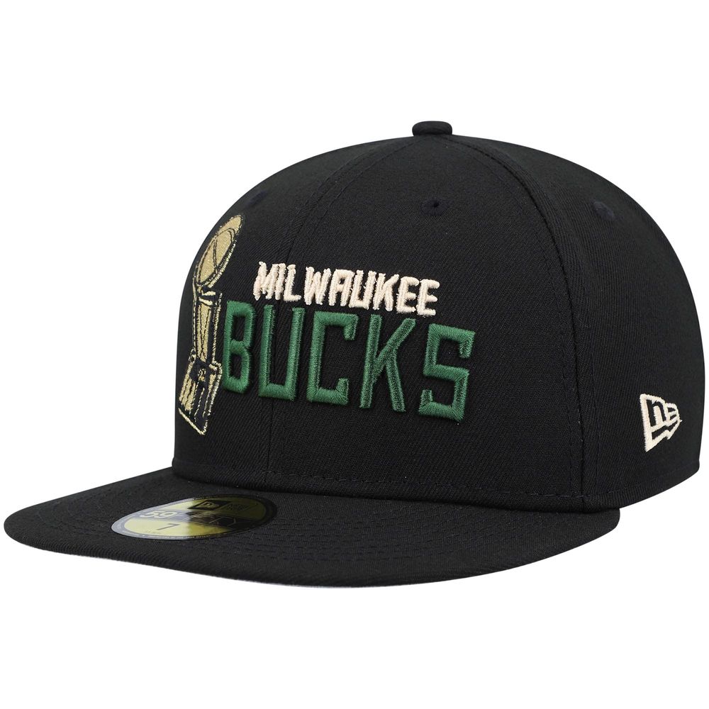 Men's New Era Black Milwaukee Bucks Champs Trophy 59FIFTY Fitted Hat