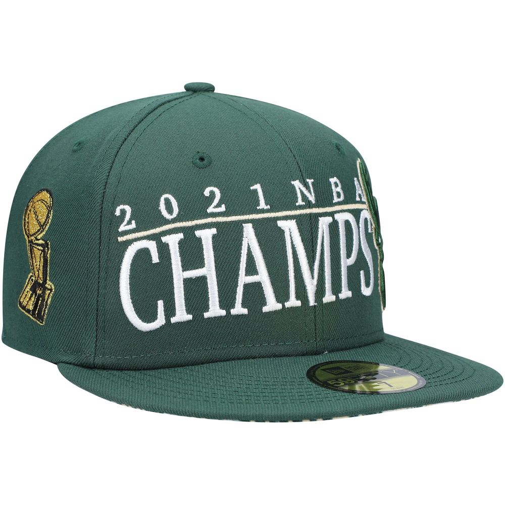 Men's New Era Hunter Green Milwaukee Bucks 2021 NBA Champs Retro Pop Undervisor 59FIFTY Fitted Hat