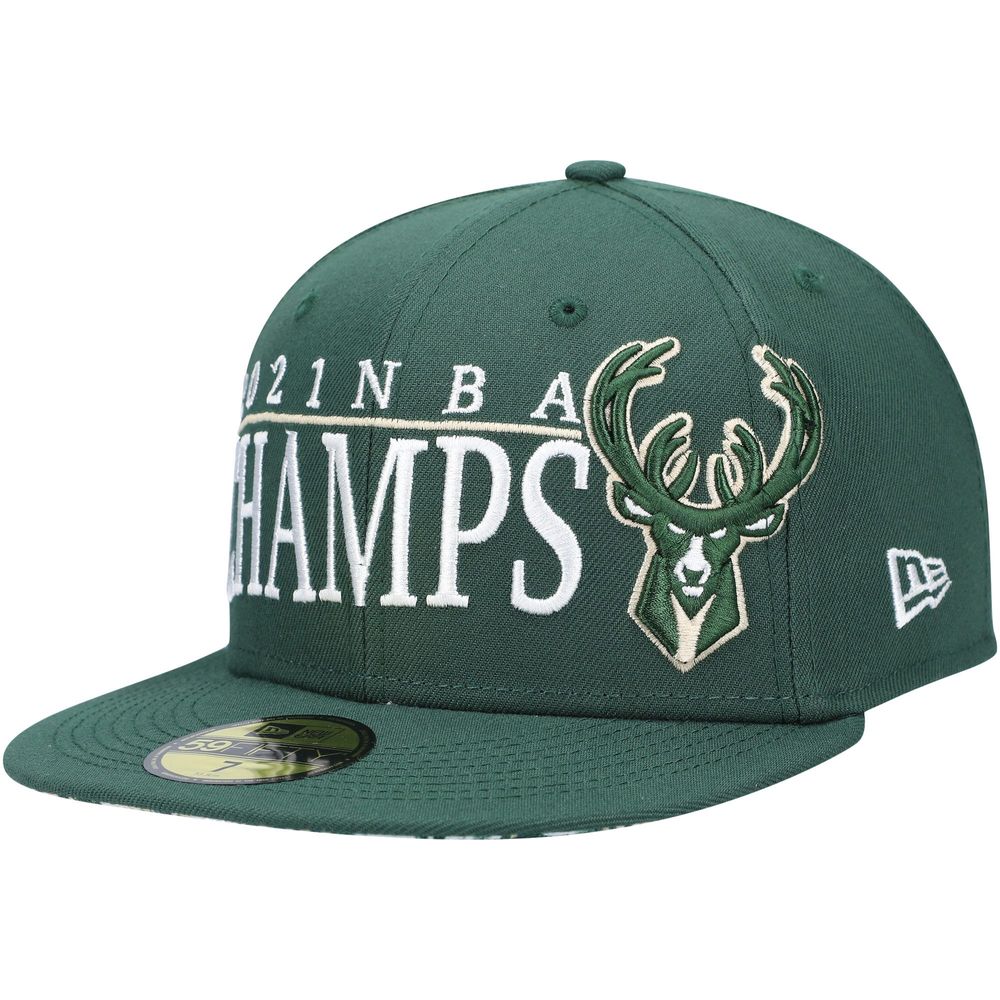 Men's New Era Hunter Green Milwaukee Bucks 2021 NBA Champs Retro Pop Undervisor 59FIFTY Fitted Hat