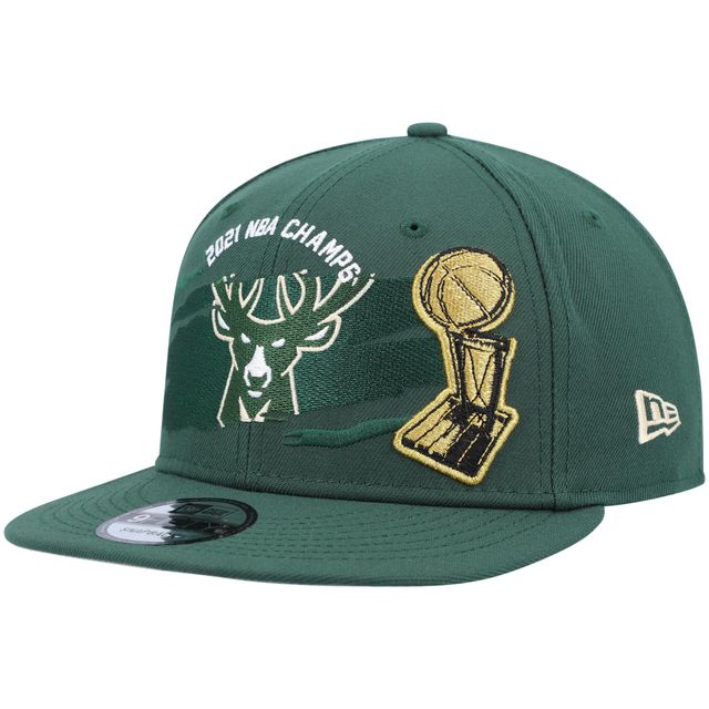 Casquette Snapback 9FIFTY pour homme New Era Hunter Green Milwaukee Bucks 2021 NBA Finals Champions Tear On The Court