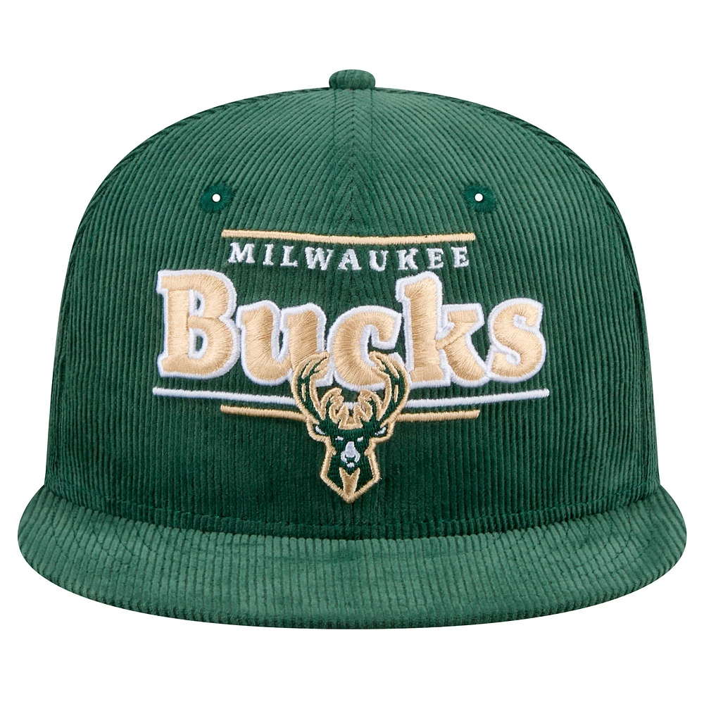 Men's New Era Hunter Green Milwaukee Bucks Throwback Display Corduroy 9FIFTY Snapback Hat