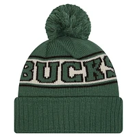 Bonnet en tricot à revers rétro Milwaukee Bucks Hunter Green New Era pour homme avec pompon