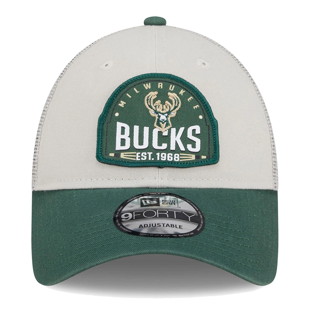 Men's New Era Khaki/Hunter Green Milwaukee Bucks Throwback Patch Trucker 9FORTY Adjustable Hat