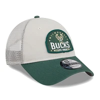 Men's New Era Khaki/Hunter Green Milwaukee Bucks Throwback Patch Trucker 9FORTY Adjustable Hat