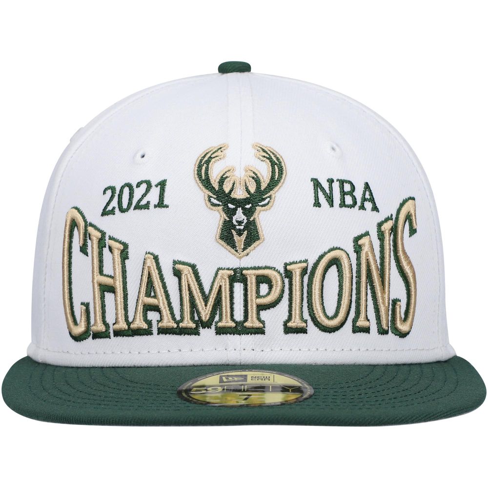 Men's New Era White/Hunter Green Milwaukee Bucks Arch Champs 59FIFTY Fitted Hat