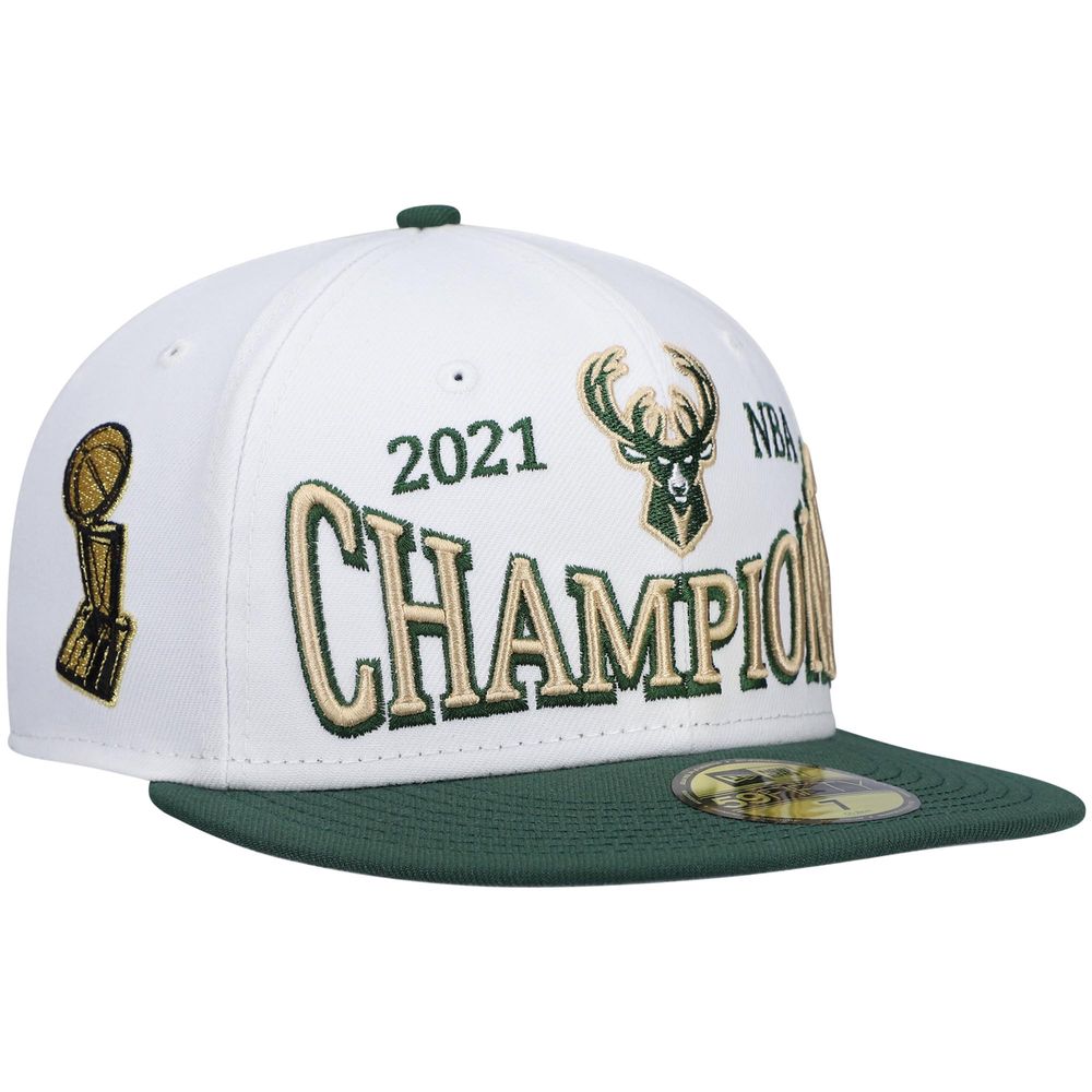 Men's New Era White/Hunter Green Milwaukee Bucks Arch Champs 59FIFTY Fitted Hat