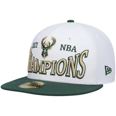 Men's New Era White/Hunter Green Milwaukee Bucks Arch Champs 59FIFTY Fitted Hat