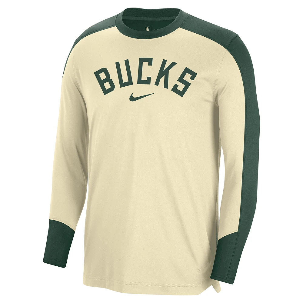 Men's Nike Cream Milwaukee Bucks 2024/25 Authentic Pre-Game Legend Long Sleeve Shooting Shirt