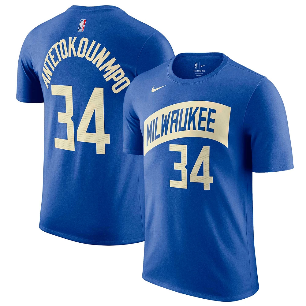 Men's Nike Giannis Antetokounmpo Royal Milwaukee Bucks / City Edition Name & Number T-Shirt