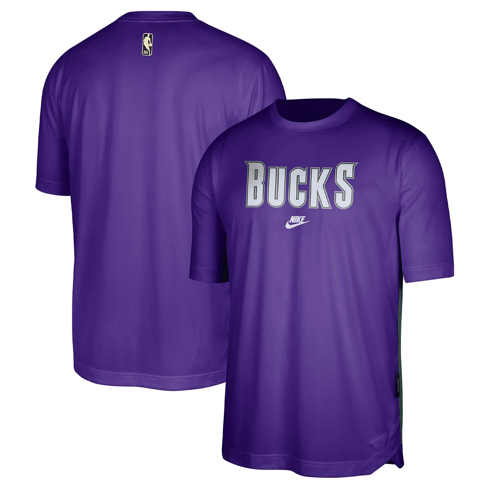 T-shirt de performance tir d'avant-match des Milwaukee Bucks Hardwood Classics Nike pourpre pour homme