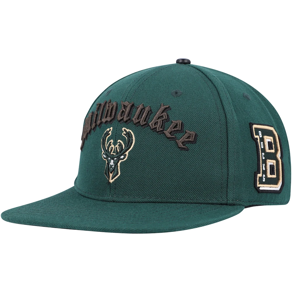 Men's Pro Standard Hunter Green Milwaukee Bucks Old English Snapback Hat