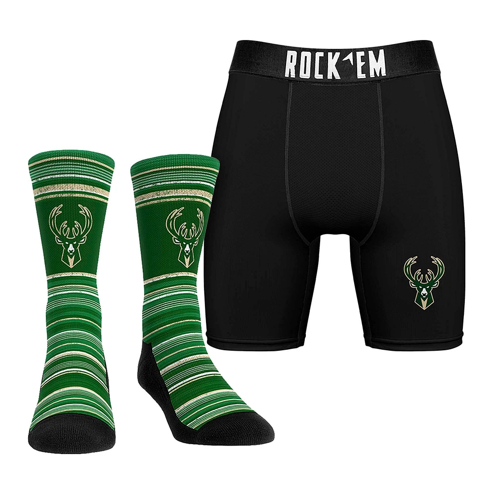 Pack combiné de chaussettes et caleçons boxeurs Rock Em Socks Milwaukee Bucks Primary Crew pour hommes