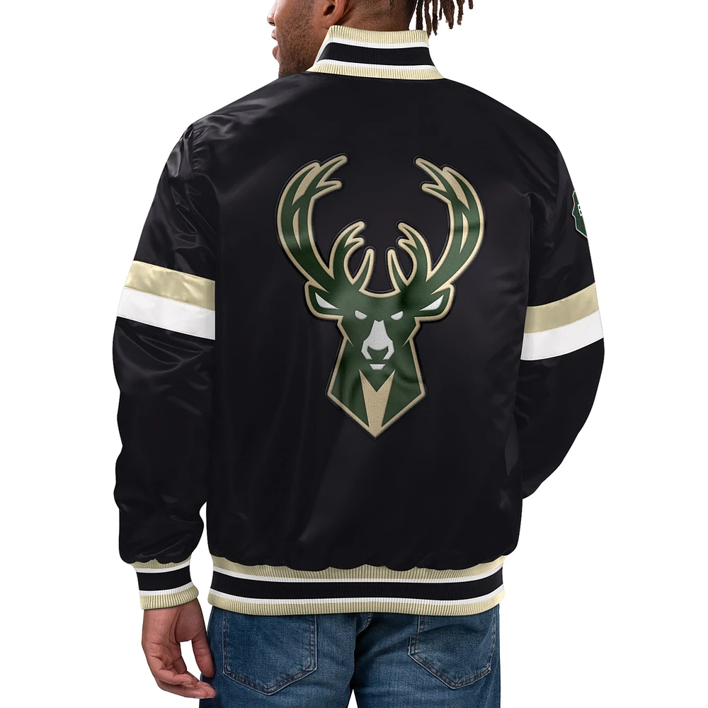 Veste universitaire noire à bouton-pression en satin pour hommes Starter Black Milwaukee Bucks Home Game