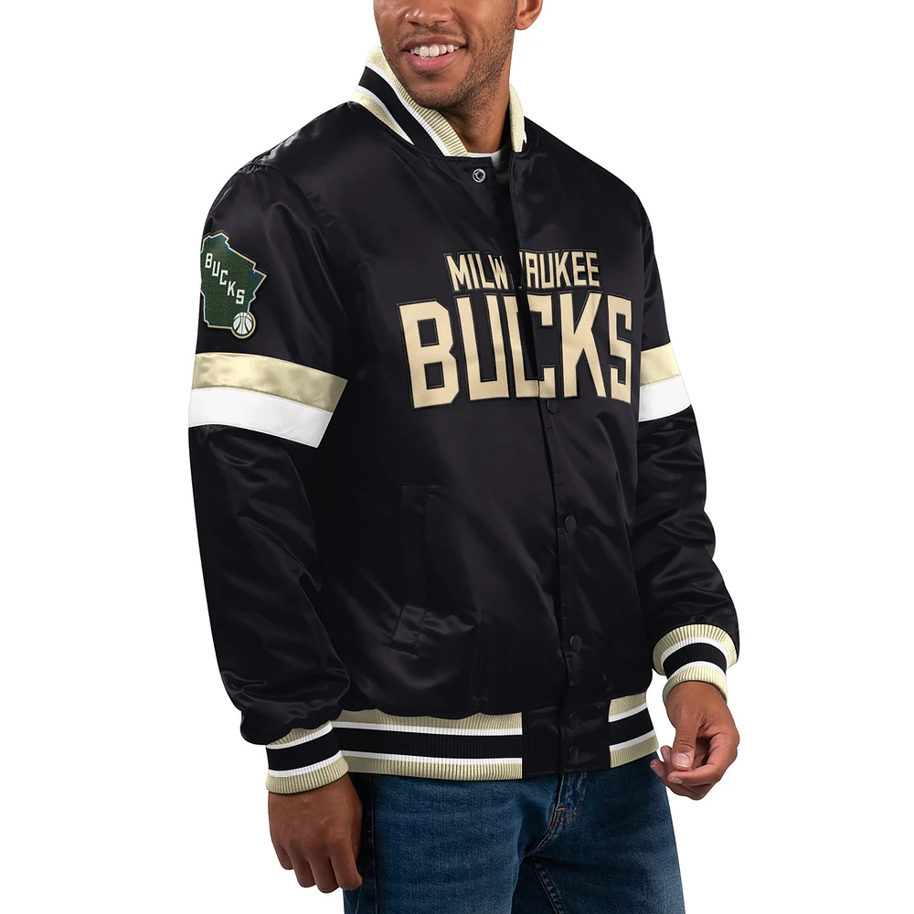 Veste universitaire noire à bouton-pression en satin pour hommes Starter Black Milwaukee Bucks Home Game