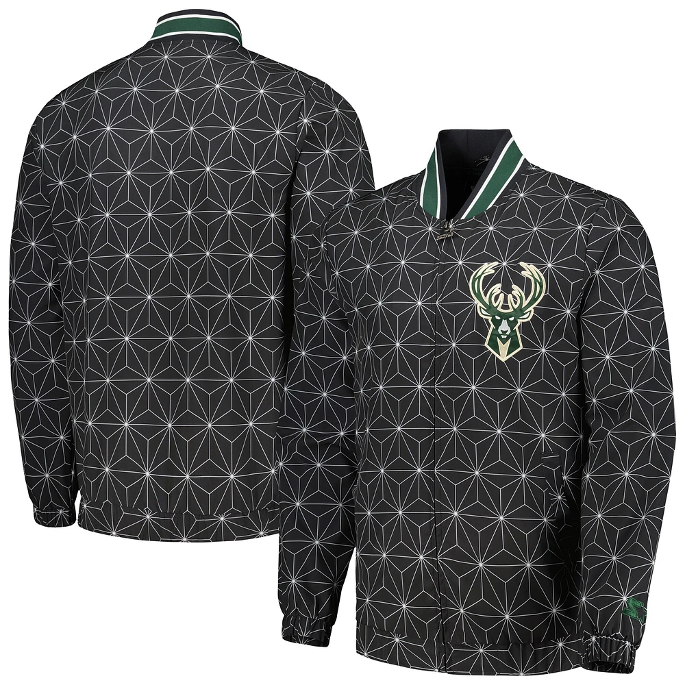 Men's Starter Black Milwaukee Bucks In-Field Play Fashion Satin Full-Zip Varsity Jacket