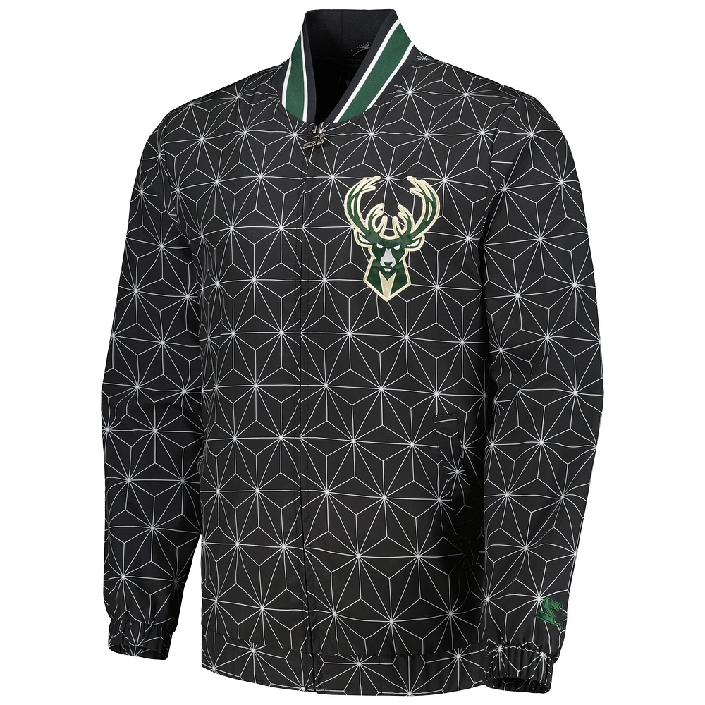 Men's Starter Black Milwaukee Bucks In-Field Play Fashion Satin Full-Zip Varsity Jacket