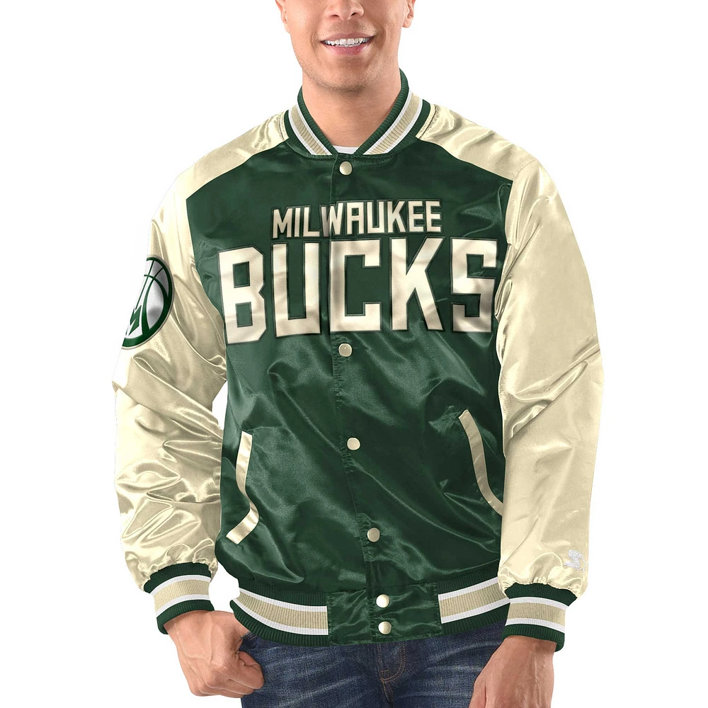 Men's Starter Hunter Green/ Milwaukee Bucks Renegade Satin Full-Snap Varsity Jacket