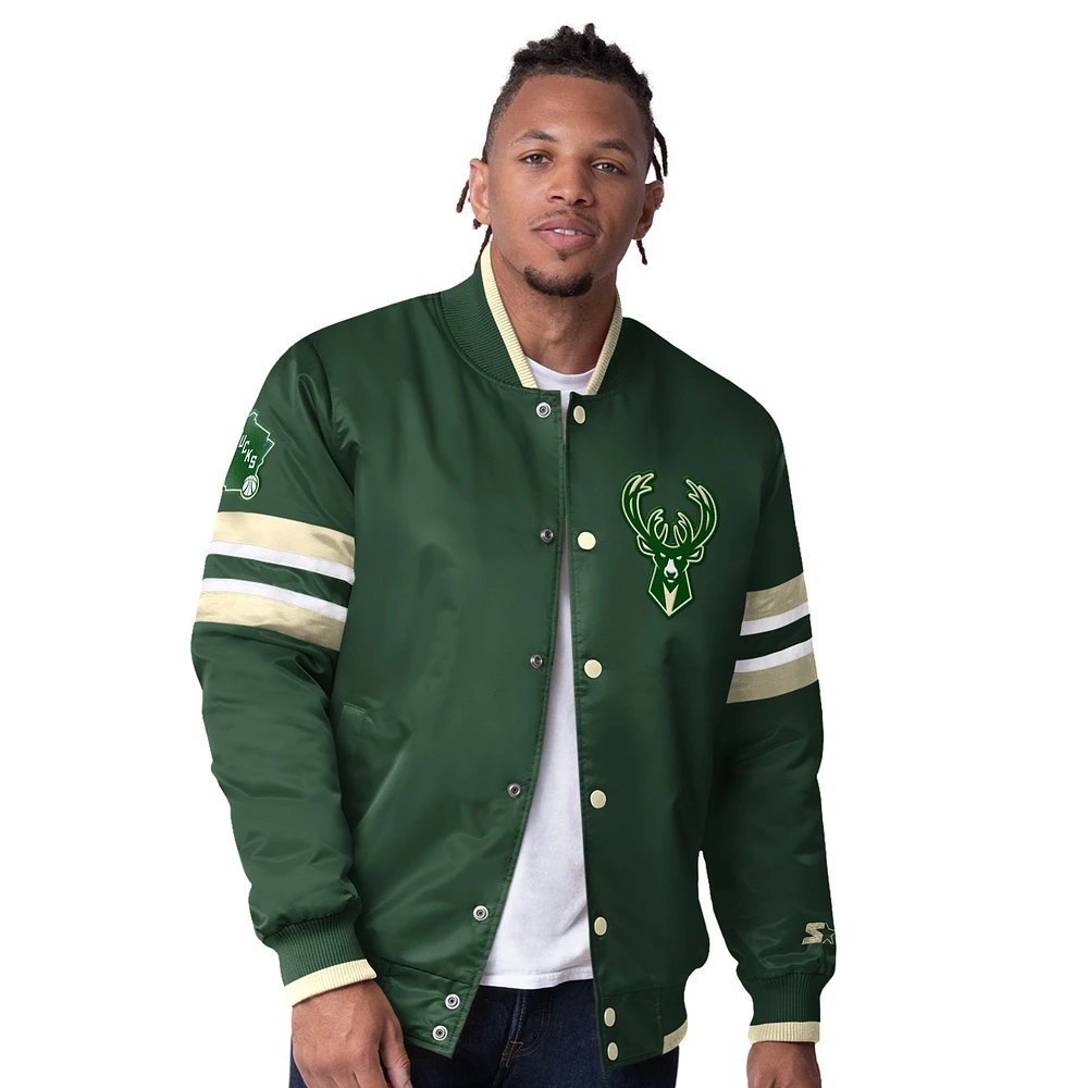 Men's Starter Hunter Green Milwaukee Bucks Scout I Full-Snap Varsity Jacket