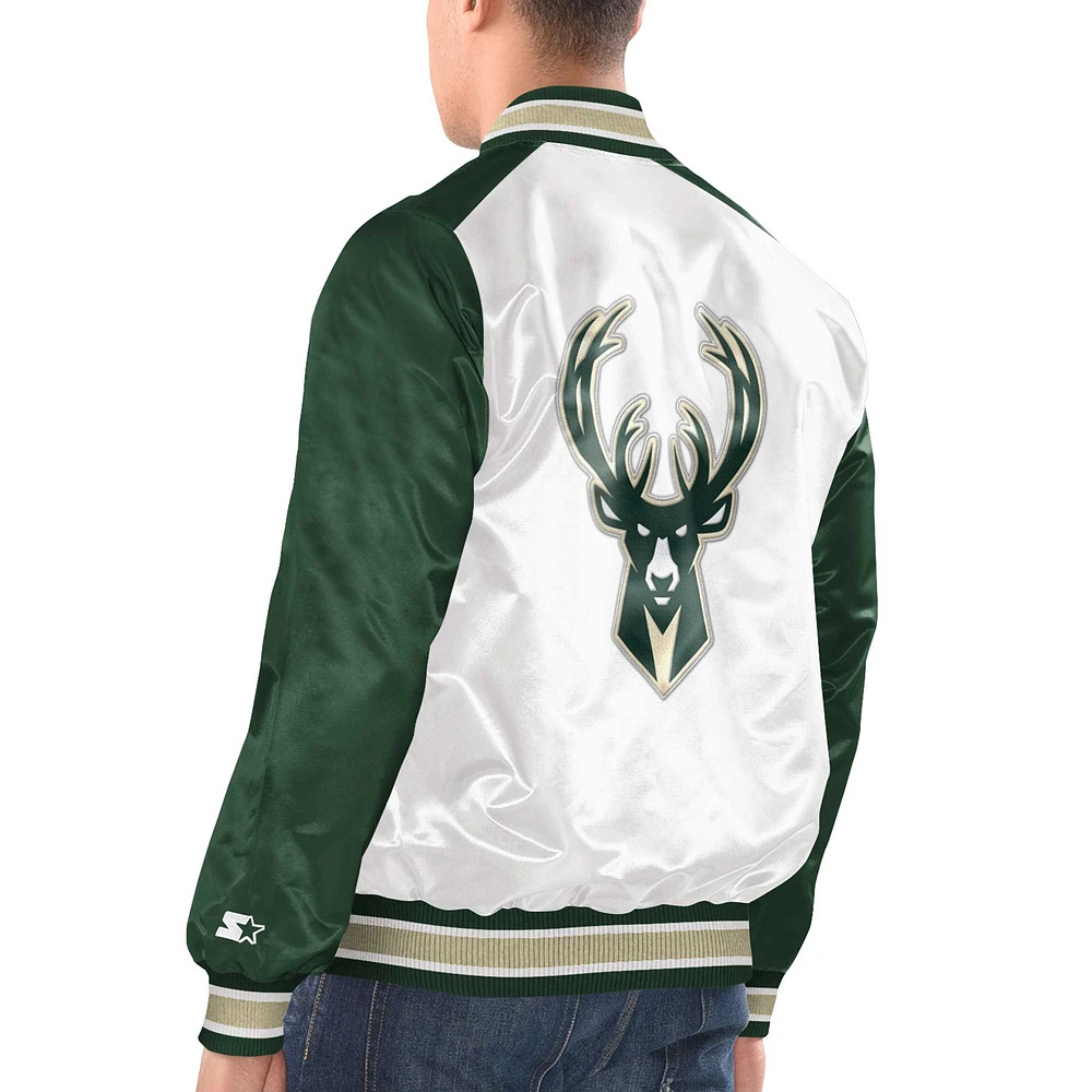 Veste universitaire à bouton-pression en satin Renegade Milwaukee Bucks Starter blanc/vert chasseur pour hommes