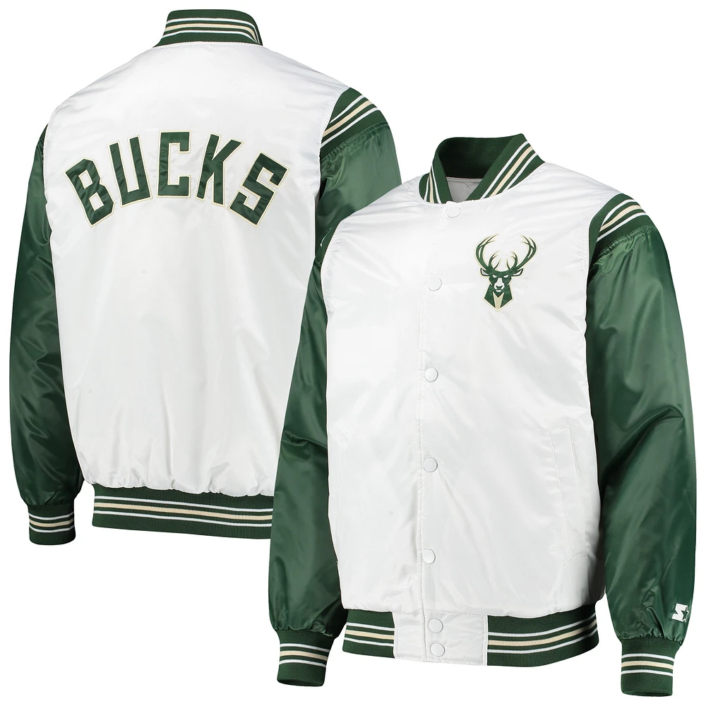 Veste à boutons-pression en satin pour homme Starter White/Hunter Green Milwaukee Bucks Renegade Varsity