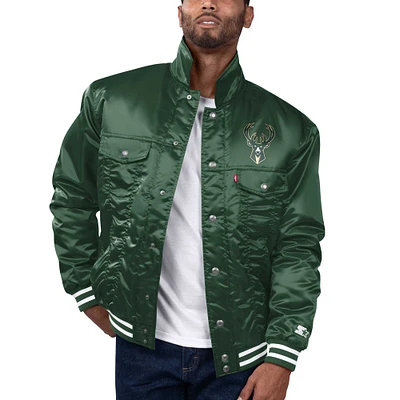 Veste camionneur en satin à boutons-pression Silver Label Milwaukee Bucks Hunter Green Starter x Levi's pour homme