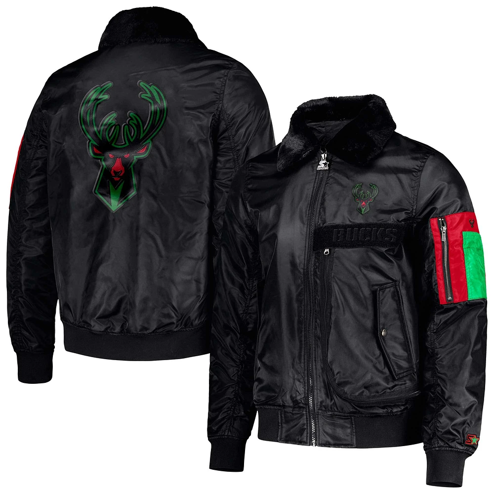 Veste en satin entièrement zippée pour homme Starter x Ty Mopkins Black Milwaukee Bucks History Month