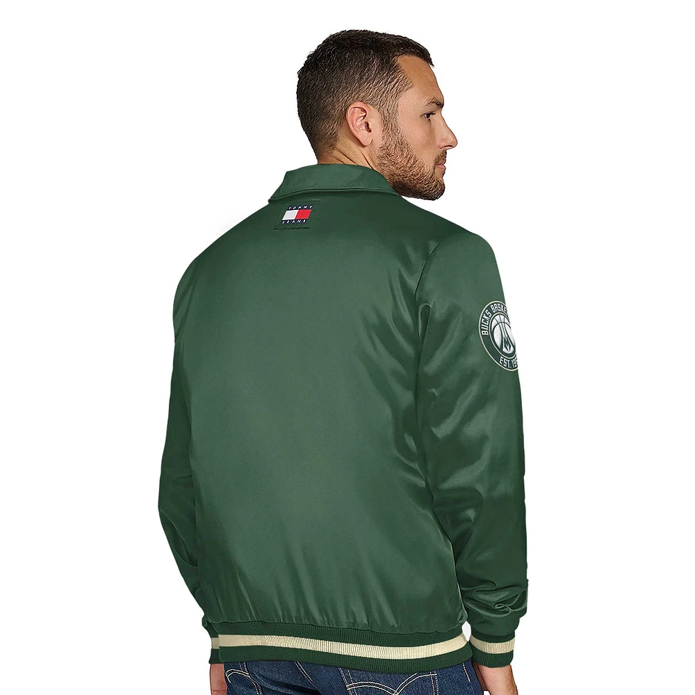 Men's Tommy Jeans Hunter Green Milwaukee Bucks Jacob Chain Stitch Applique Full-Snap Varsity Jacket