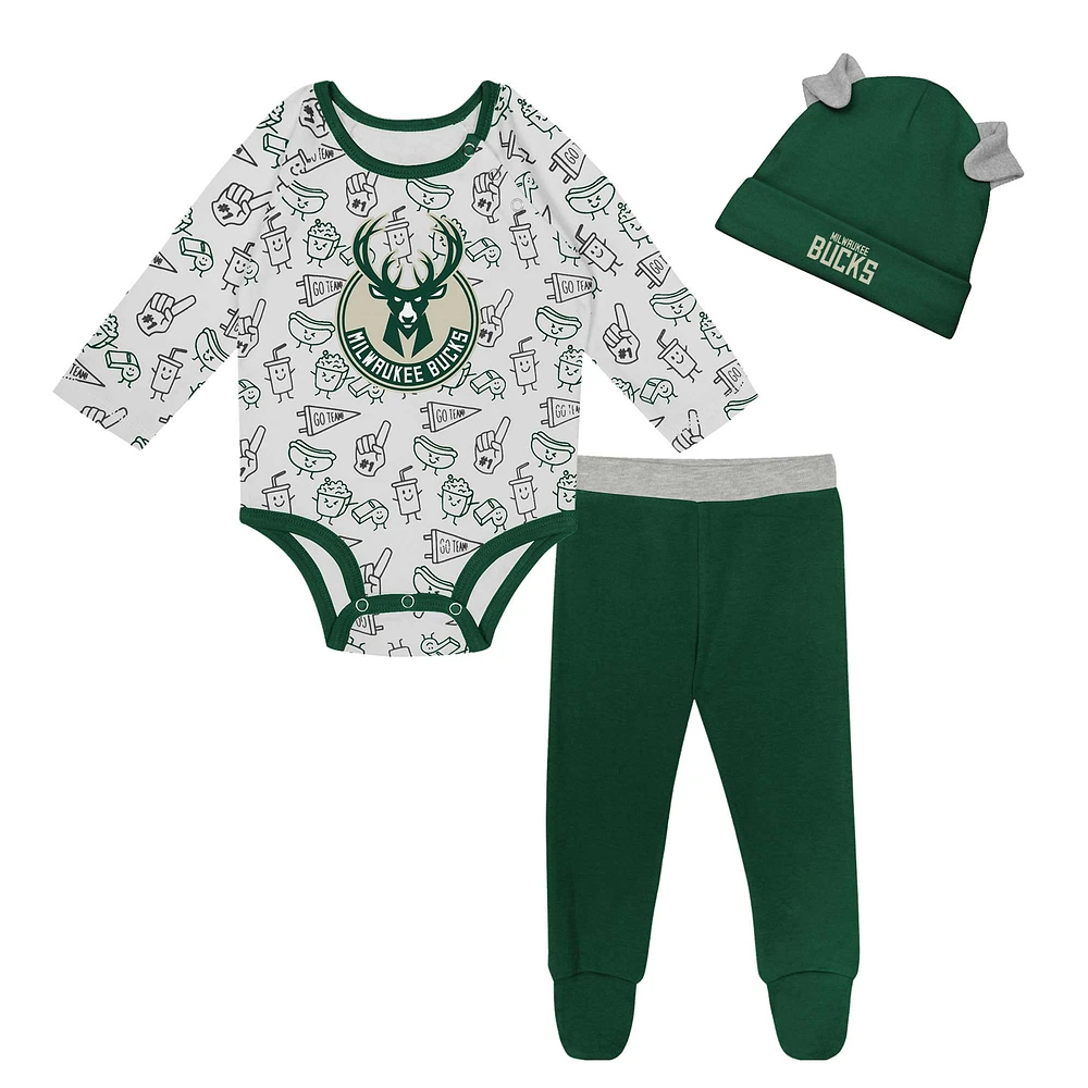 Ensemble 3 pièces pour nouveau-né et nourrisson Milwaukee Bucks Little Champ, body à manches longues, pantalon bonnet revers