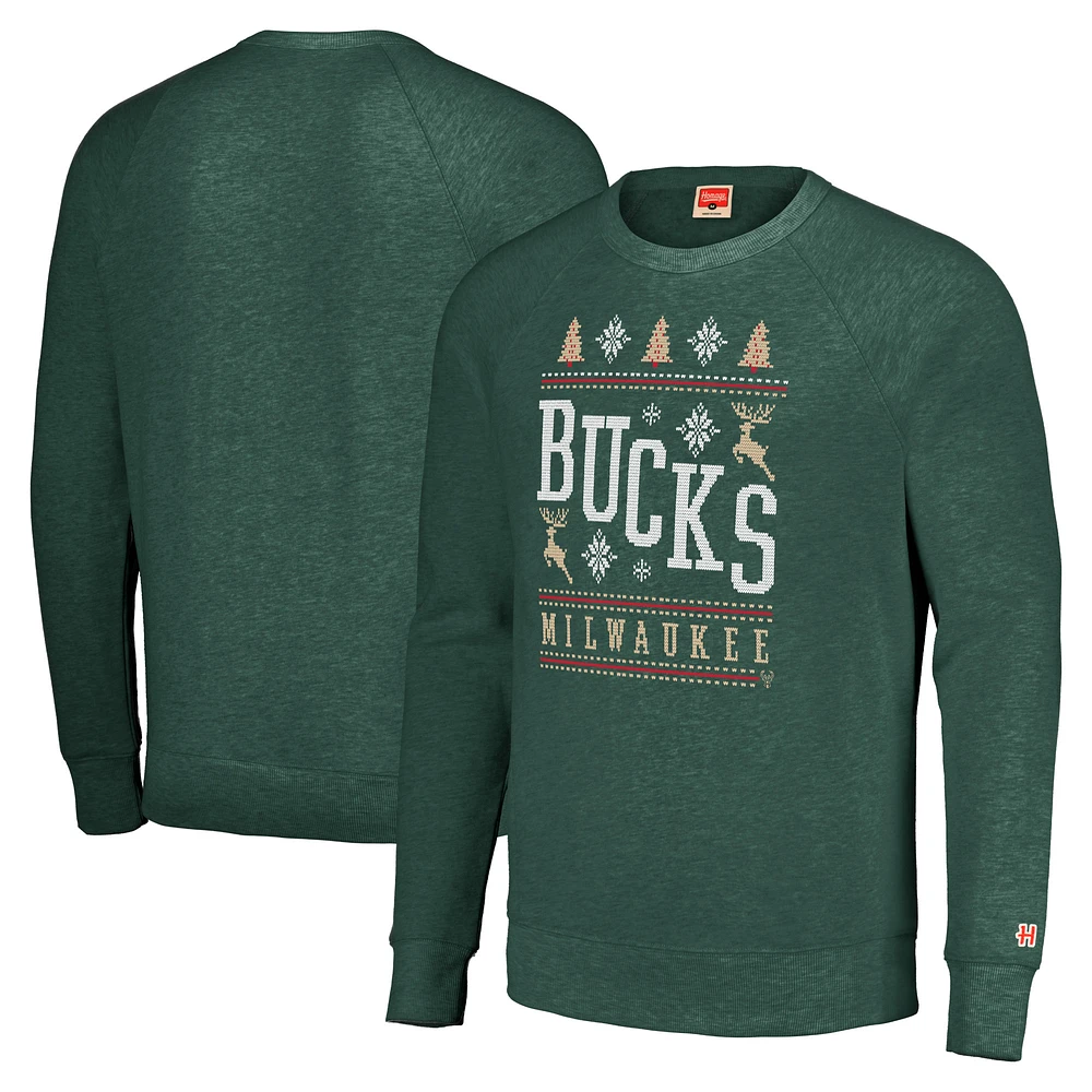 Sweat-shirt unisexe Hommage Hunter Green Milwaukee Bucks Holiday Raglan