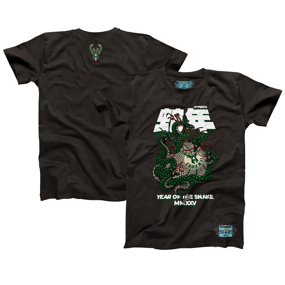 Unisex NBALab x Hyperfly Heather Black Milwaukee Bucks Year of the Snake Lunar New Collection T-Shirt