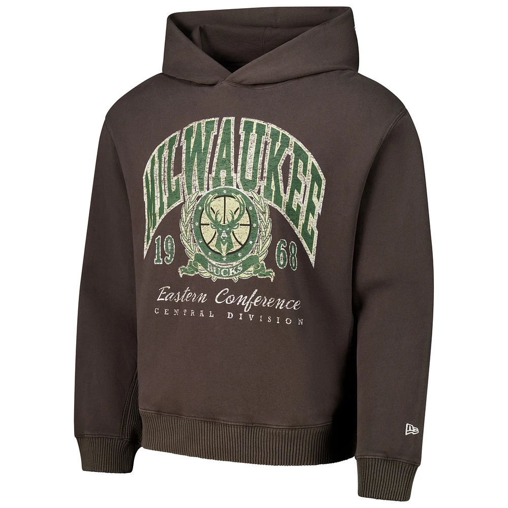 Unisex New Era  Charcoal Milwaukee Bucks Oversized Essentials Pigment Wash Fleece Pullover Hoodie