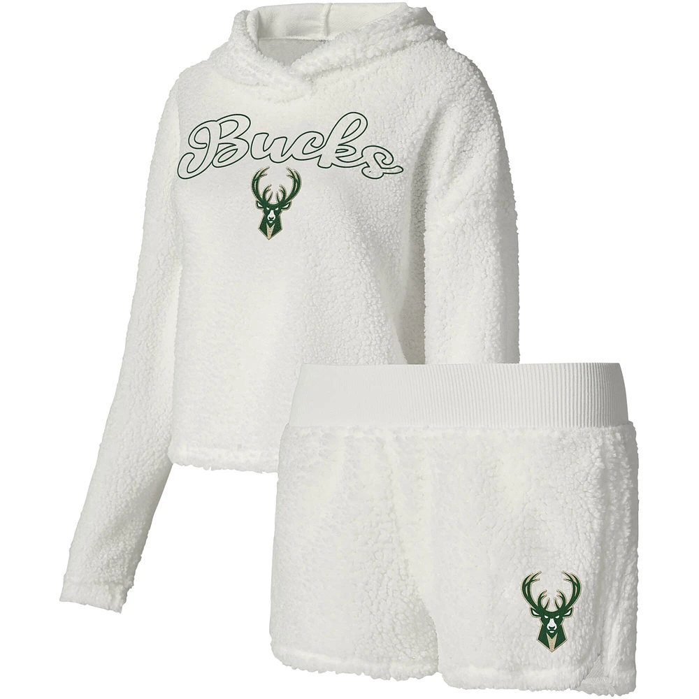 College Concepts pour femmes crème Milwaukee Bucks Fluffy Sweat à capuche manches longues T-shirt et short Ensemble de nuit