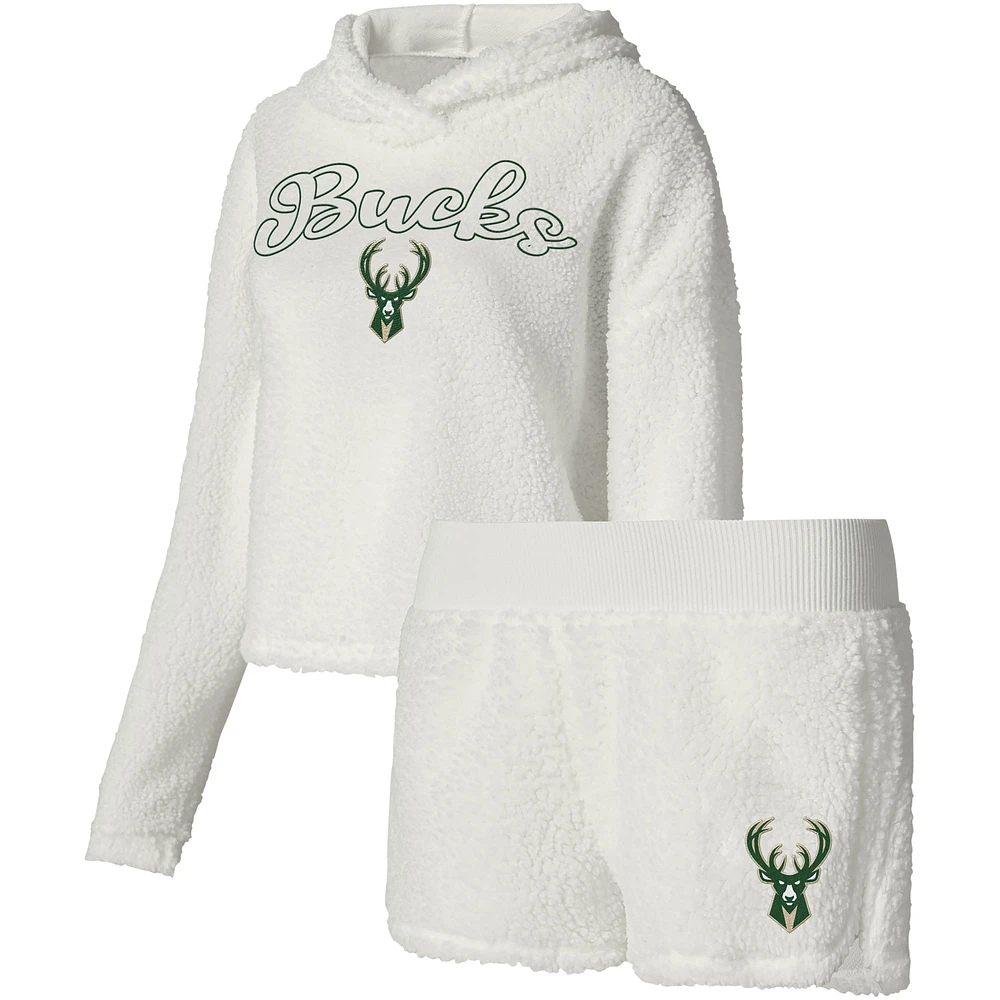 Women's College Concepts Cream Milwaukee Bucks Fluffy Long Sleeve Hoodie T-Shirt & Shorts Sleep Set