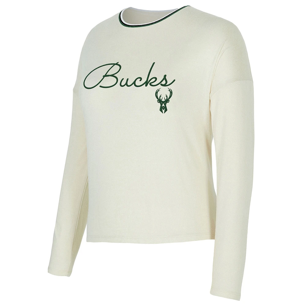 Women's Concepts Sport Cream Milwaukee Bucks Kaki Hacci Knit Long Sleeve T-Shirt & Shorts Set