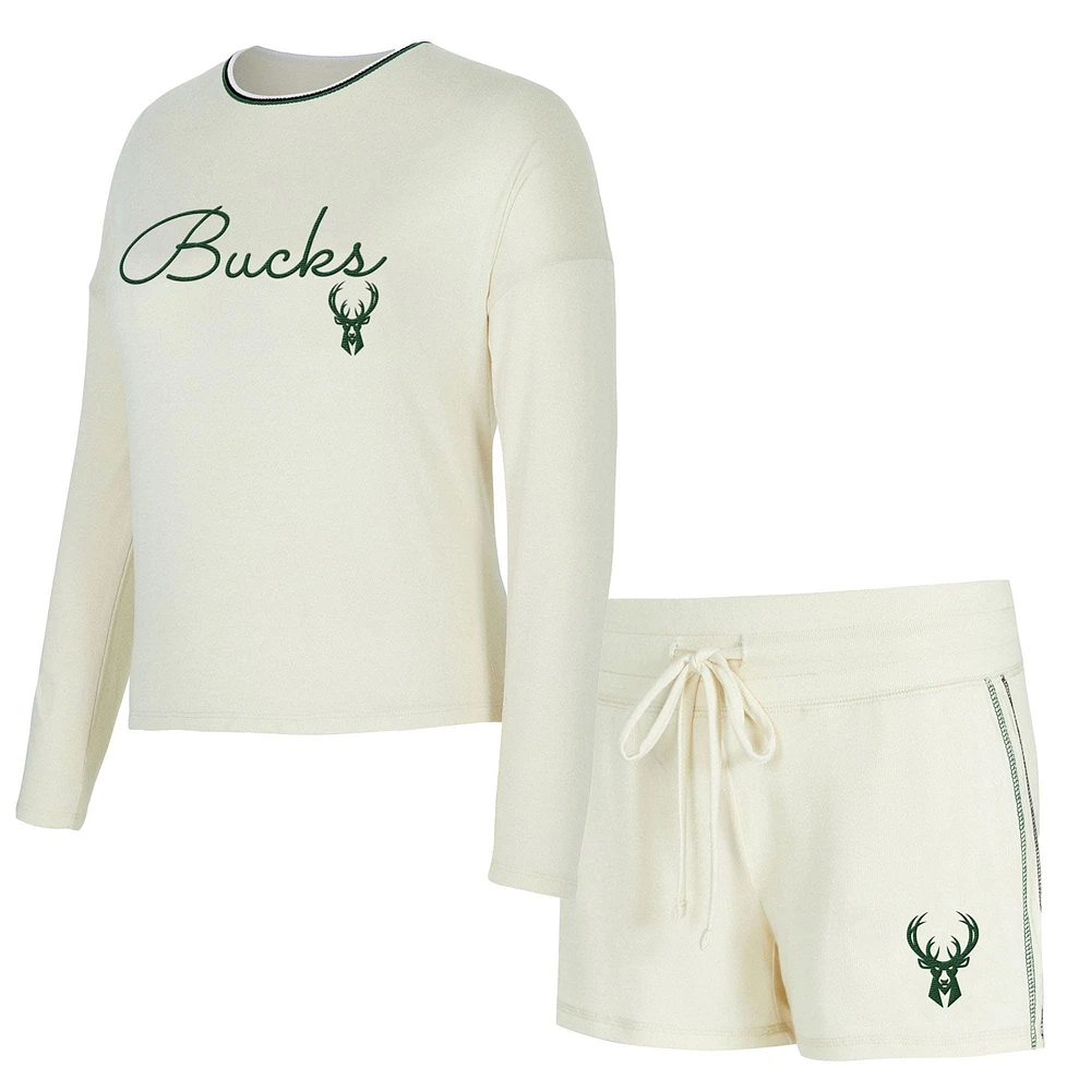 Women's Concepts Sport Cream Milwaukee Bucks Kaki Hacci Knit Long Sleeve T-Shirt & Shorts Set