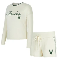 Women's Concepts Sport Cream Milwaukee Bucks Kaki Hacci Knit Long Sleeve T-Shirt & Shorts Set