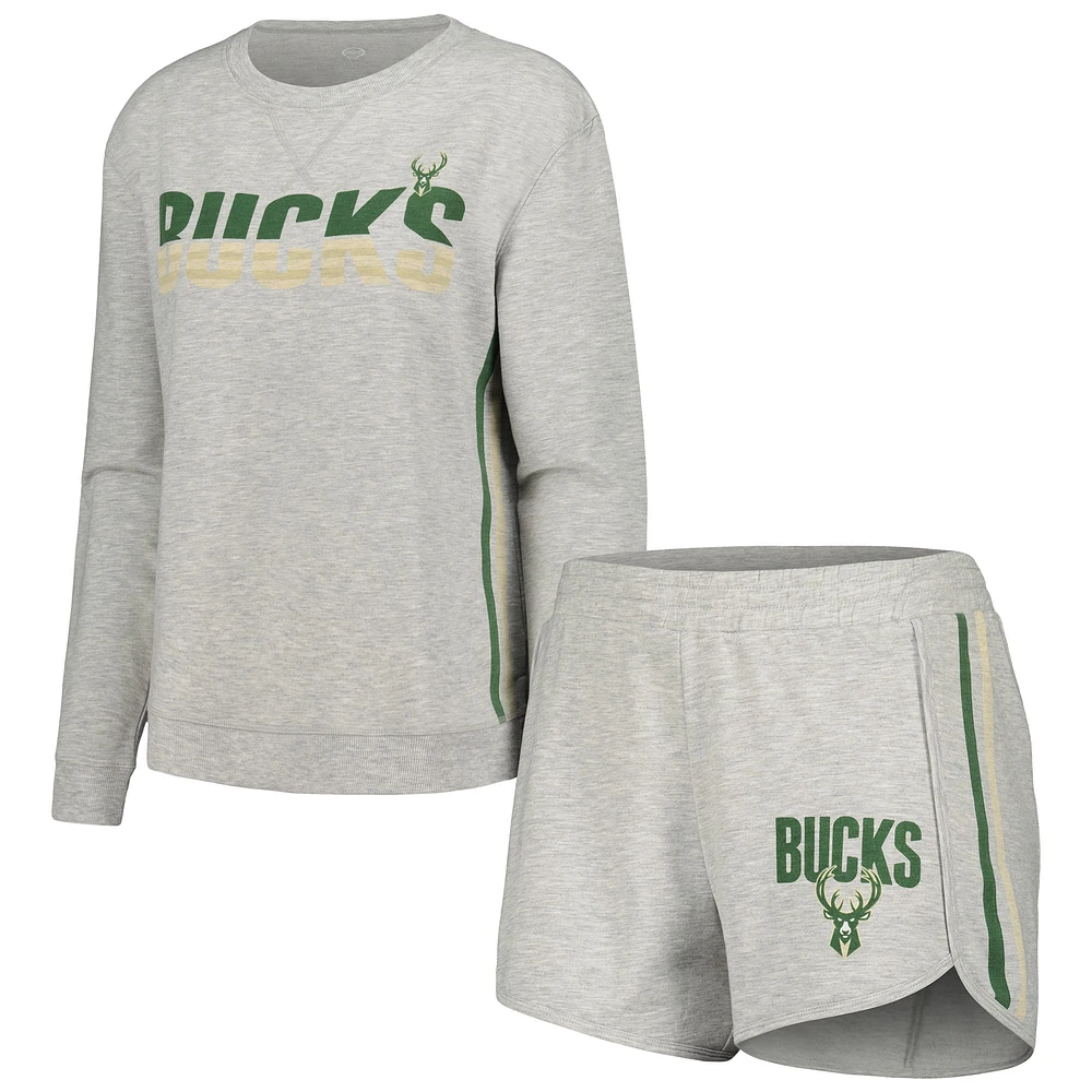 Ensemble de nuit avec t-shirt et short à manches longues Concepts Sport gris Milwaukee Bucks Cedar pour femmes