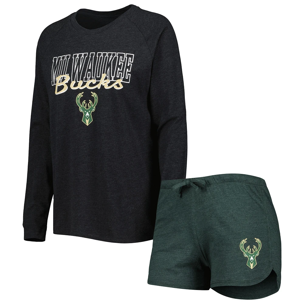 Concepts Sport Heather Black/Heather Hunter Green Milwaukee Bucks Team Raglan T-shirt et short à manches longues pour femme Ensemble de nuit