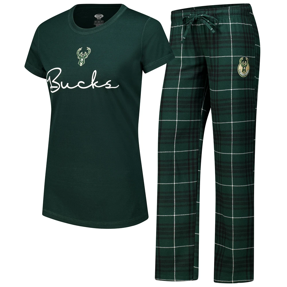 Ensemble de nuit pour femme avec t-shirt et pantalon en flanelle Milwaukee Bucks Vector Hunter Green/Black Concepts Sport