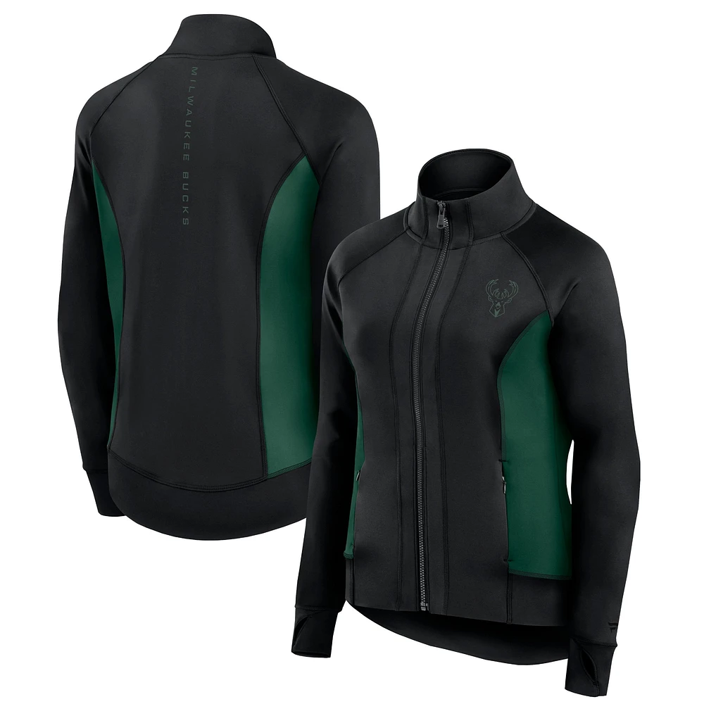 Veste de survêtement sport ajustée et zippée Milwaukee Bucks Studio Fanatics pour femmes noire