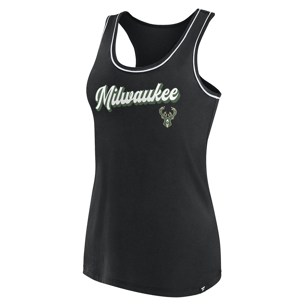 Débardeur noir à dos nageur avec logo Fanatics Milwaukee Bucks pour femmes