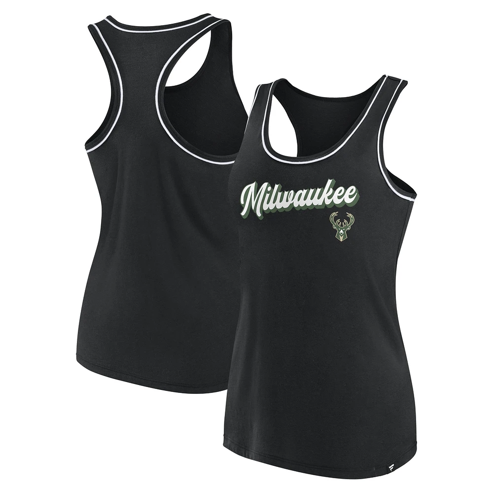 Débardeur noir à dos nageur avec logo Fanatics Milwaukee Bucks pour femmes