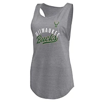 Women's Fanatics Heathered Gray Milwaukee Bucks Quality Time Open Scoop Neck Tri-Blend Tank Top