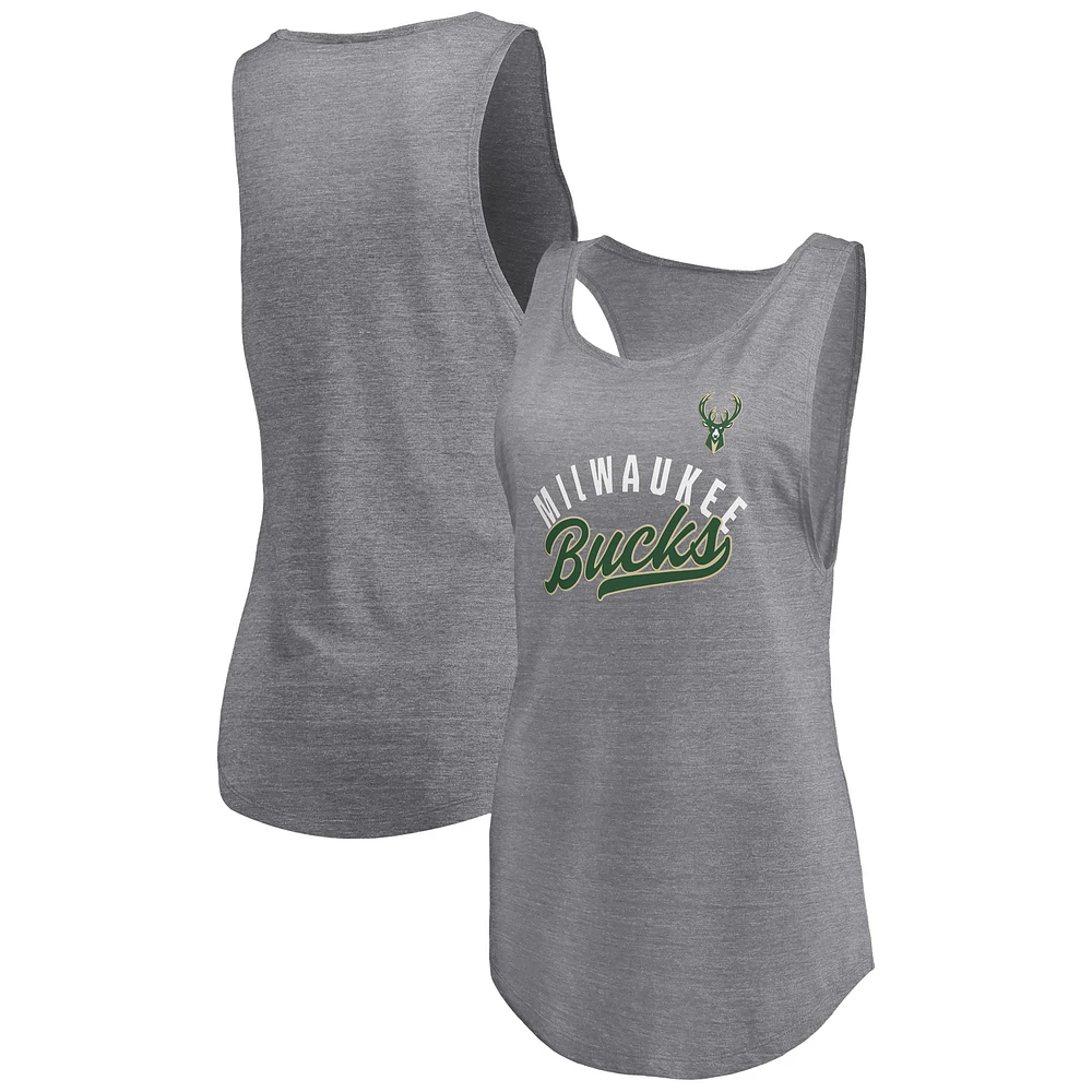 Women's Fanatics Heathered Gray Milwaukee Bucks Quality Time Open Scoop Neck Tri-Blend Tank Top