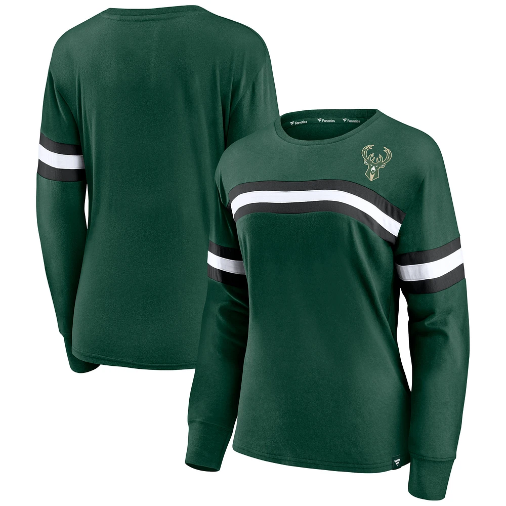 Women's Fanatics Hunter Green Milwaukee Bucks Block Party Striped - Long Sleeve T-Shirt