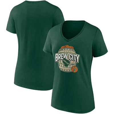 Fanatics Hunter Green Milwaukee Bucks Hometown Collection Brew City T-shirt à col en V pour femmes