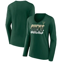 T-shirt à manches longues et col en V emblématique des Milwaukee Bucks Fanatics Hunter Green pour femmes